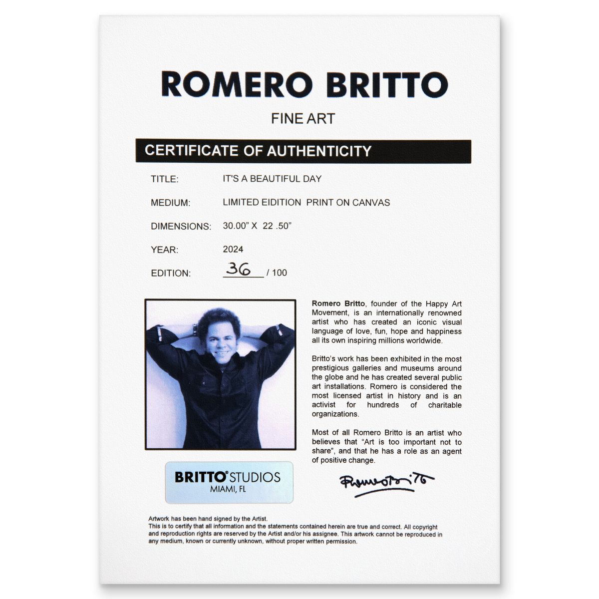 Romero Britto- Print on canvas with Diamond Dust hand embellishments "It’s a Beautiful Day"
