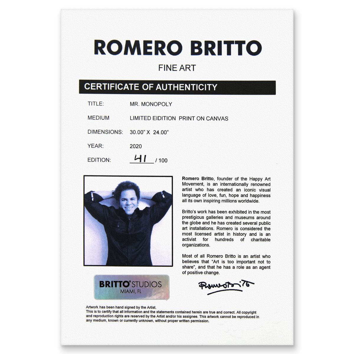 Romero Britto- Print on canvas with Diamond Dust hand embellishments "Mr. Monopoly"