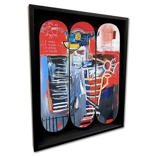 Jean-Michel Basquiat (1960-1988), "La Hara, 1981" Framed Skateboard Triptych, Plate Signed with Letter of Authenticity.