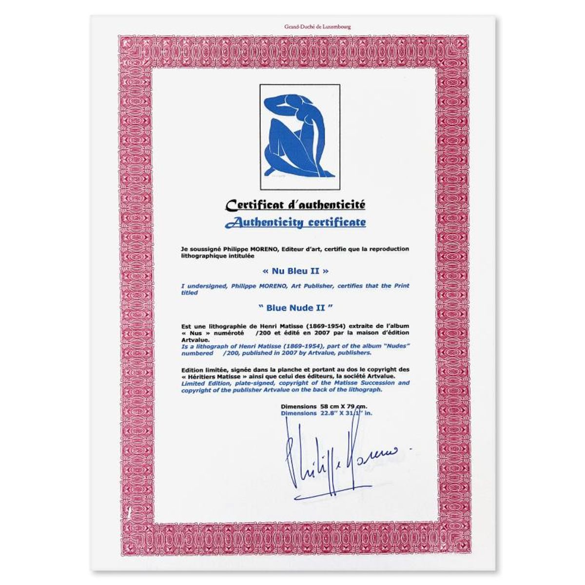 Henri Matisse 1869-1954 (After), "Nu Bleu II" Framed Limited Edition Lithograph with Certificate of Authenticity.