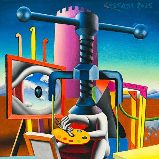Mark Kostabi, "The Pleasure of Pressure" Framed Original Oil Painting on Canvas, Hand Signed with a Certificate of Authenticity.