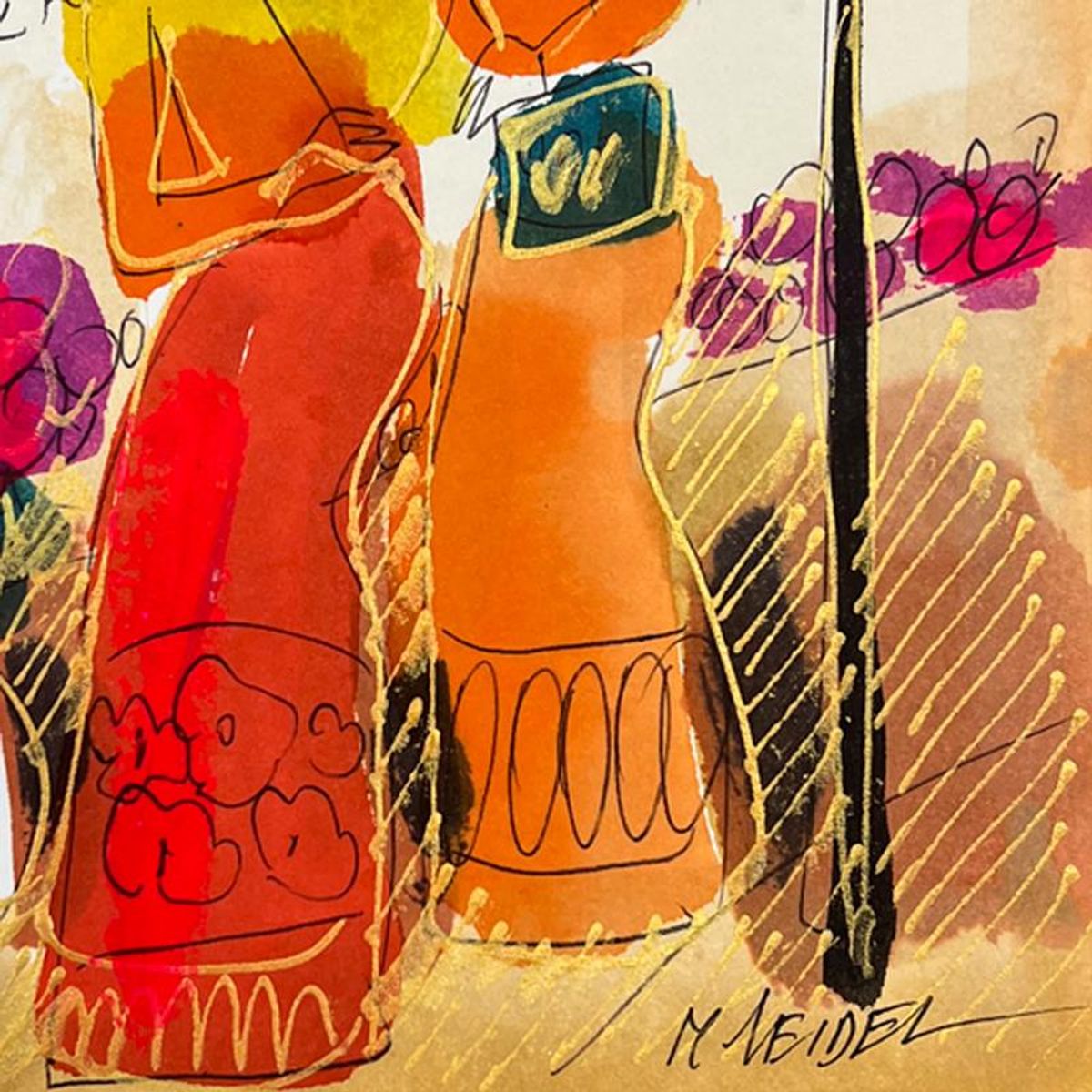 Moshe Leider, Framed Original Mixed Media Watercolor Painting, Hand Signed with Letter of Authenticity.