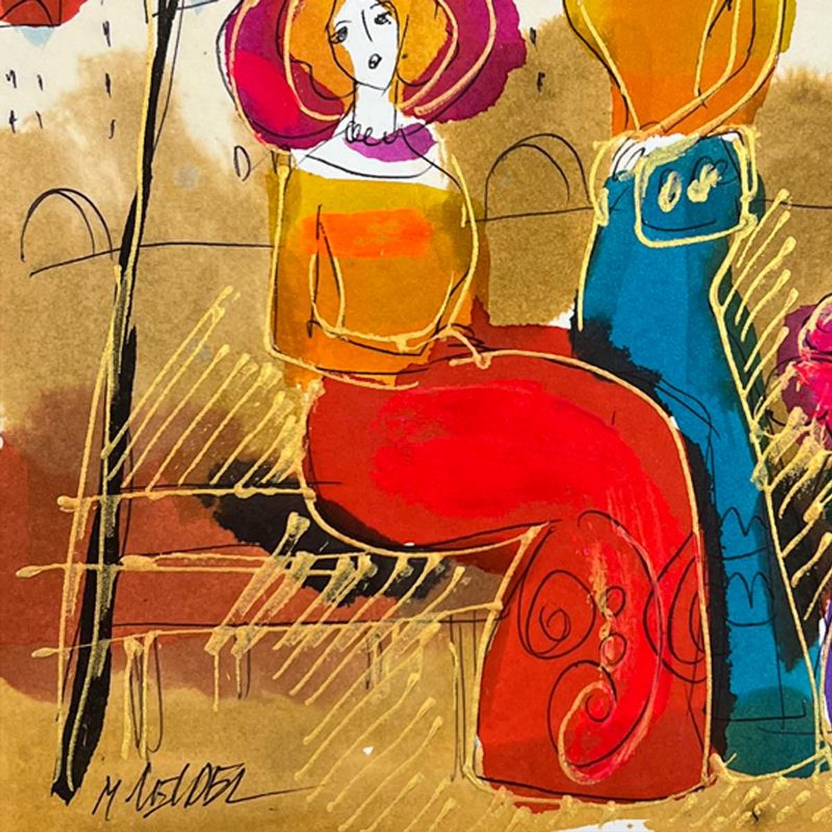 Moshe Leider, Framed Original Mixed Media Watercolor Painting, Hand Signed with Letter of Authenticity.