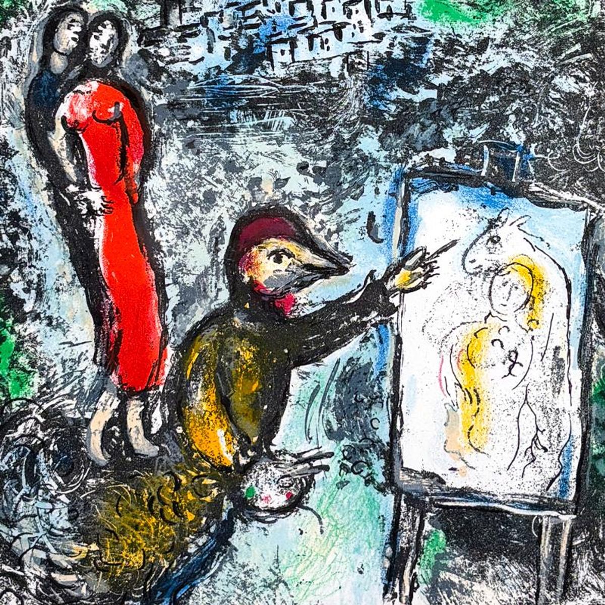 Marc Chagall (1887-1985), "Devant Saint-Jeannet (Couple et artiste devant Saint Jeannet)" Framed Lithograph with Letter of Authenticity.