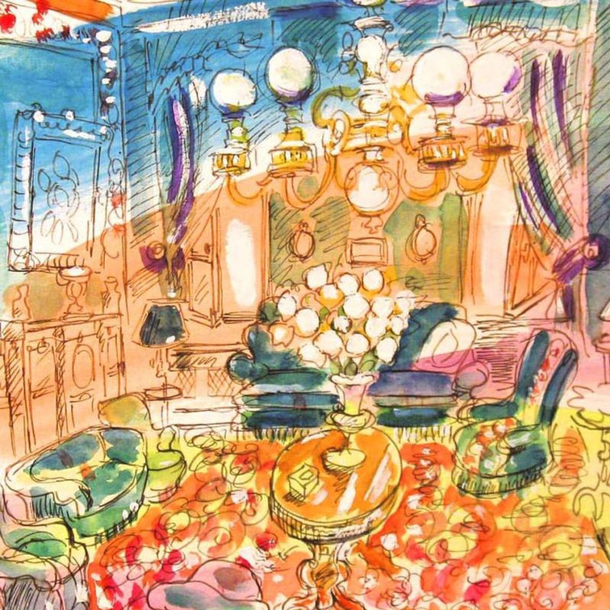 Wayne Ensrud, "Salon Verte of Chateau Lafite-Rothschild" Mixed Media Original Artwork; Hand Signed; COA