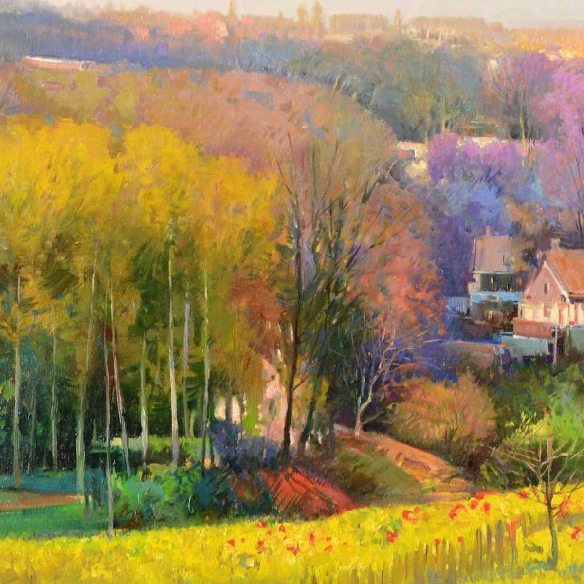 Ming Feng, "Golden Valley" Original Oil Painting on Canvas, Hand Signed with Letter of Authenticity.
