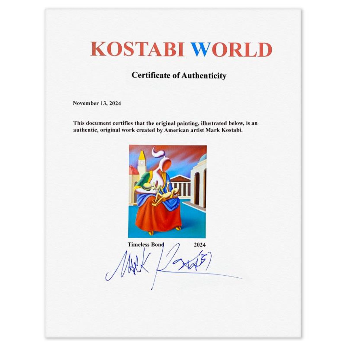 Mark Kostabi, "Timeless Bond" Framed Original Oil Painting on Canvas, Hand Signed with Letter of Authenticity.
