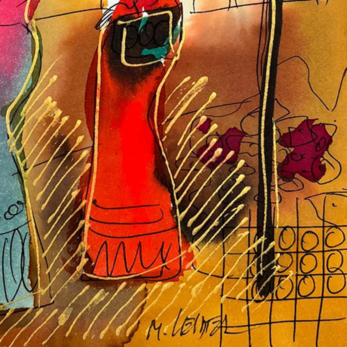 Moshe Leider, Framed Original Mixed Media Watercolor Painting, Hand Signed with Letter of Authenticity.