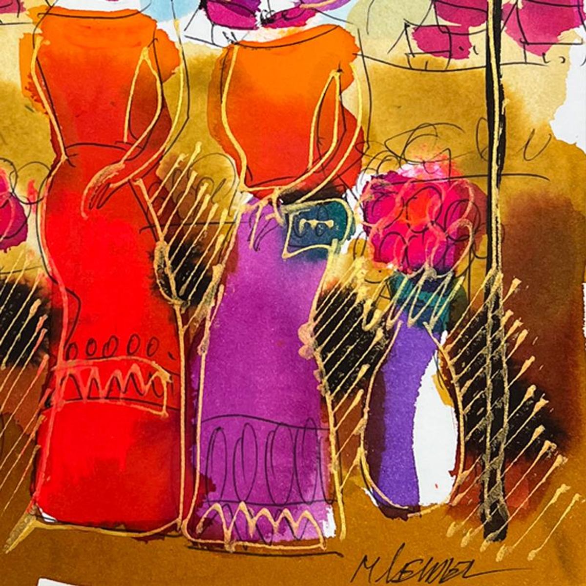 Moshe Leider, Framed Original Mixed Media Watercolor Painting, Hand Signed with Letter of Authenticity.