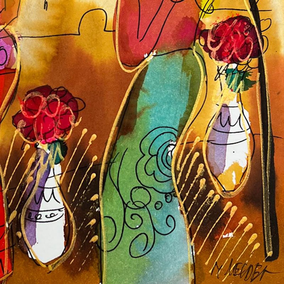 Moshe Leider, Framed Original Mixed Media Watercolor Painting, Hand Signed with Letter of Authenticity.