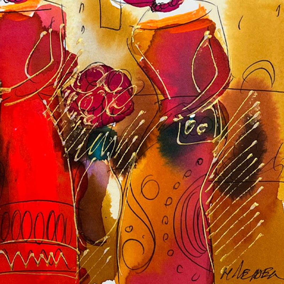 Moshe Leider, Framed Original Mixed Media Watercolor Painting, Hand Signed with Letter of Authenticity.
