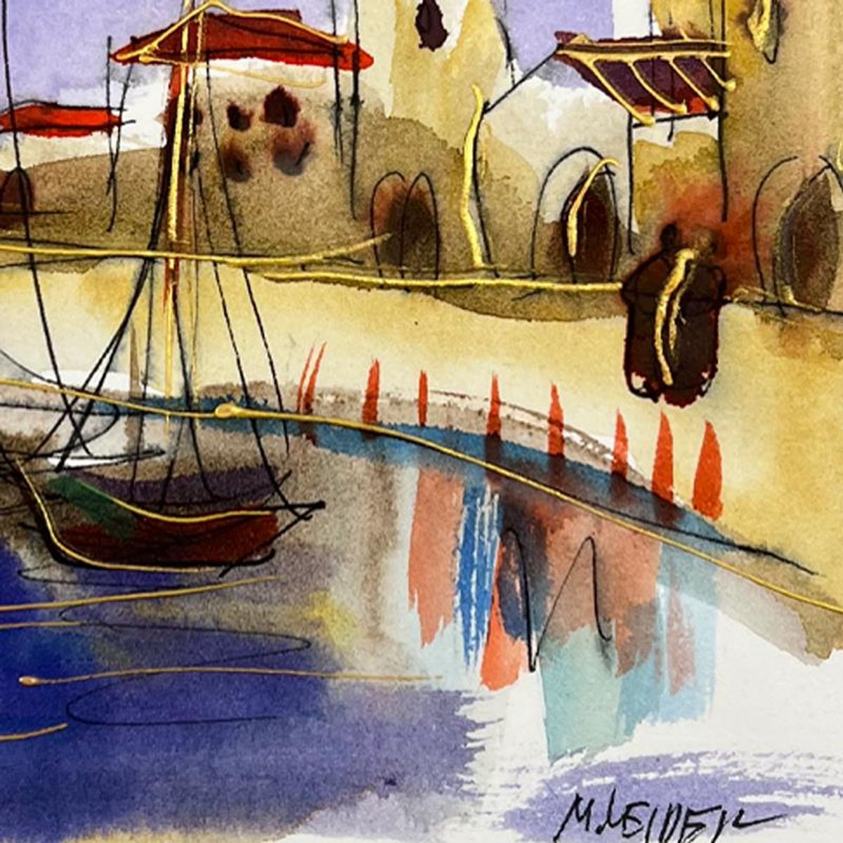Moshe Leider, Framed Original Mixed Media Watercolor Painting, Hand Signed with Letter of Authenticity.