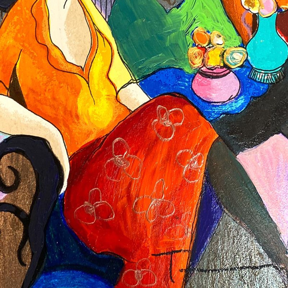 Itzchak Tarkay (1935-2012), "Chit Chat" One-of-a-Kind Mixed Media Over Paint on Wood, Hand Signed with Letter of Authenticity
