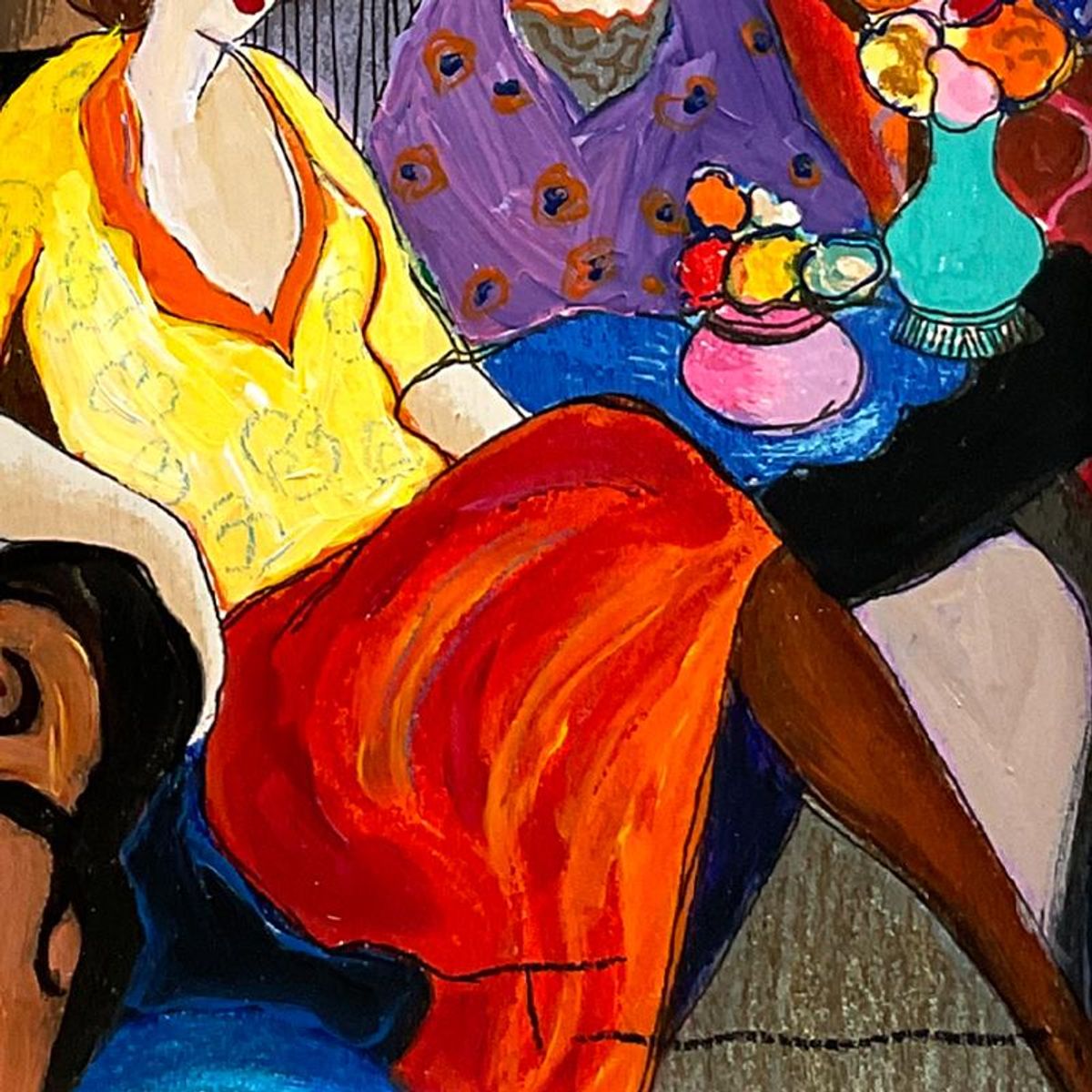 Itzchak Tarkay (1935-2012), "Chit Chat" Framed One-of-a-Kind Mixed Media Over Paint on Wood, Hand Signed with Letter of Authenticity