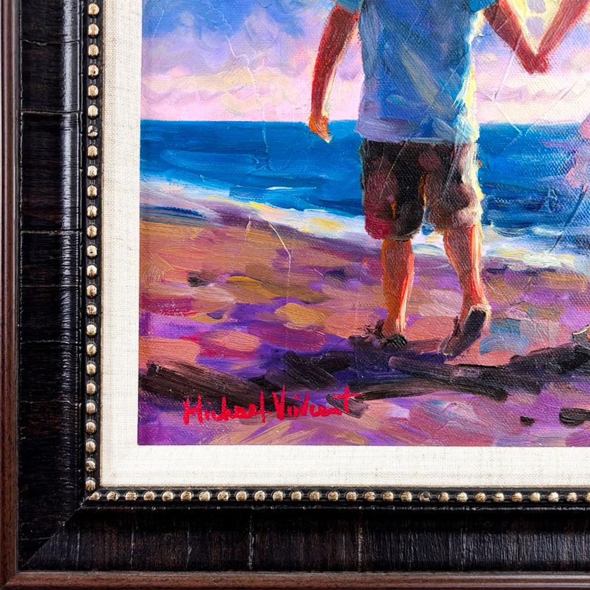 Michael Vincent, "Love Birds" Framed Original Painting on Canvas, Hand Signed with Letter of Authenticity.