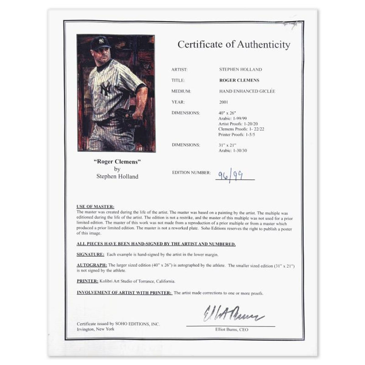 Stephen Holland, "Roger Clemens" Hand Enhanced Limited Edition on Canvas, Numbered 96/99 and Hand Signed by the Artist and Roger Clemens with Certificate of Authenticity.