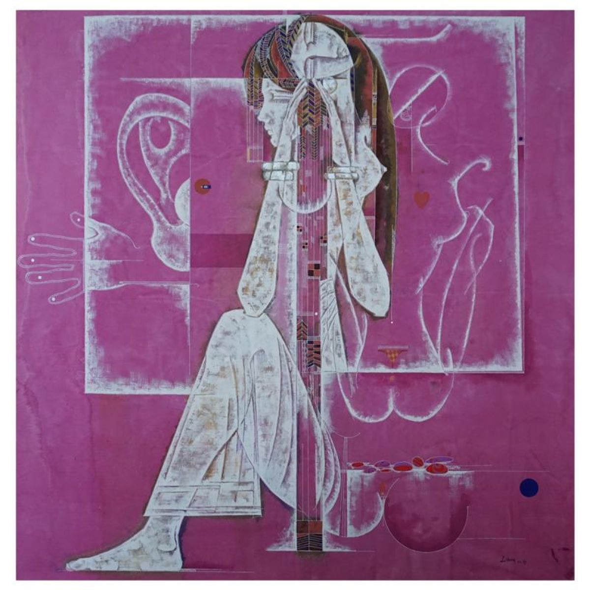 Lu Hong, "Narcissus and Echo" Original Mixed Media Painting, Hand Signed and with Letter of Authenticity.