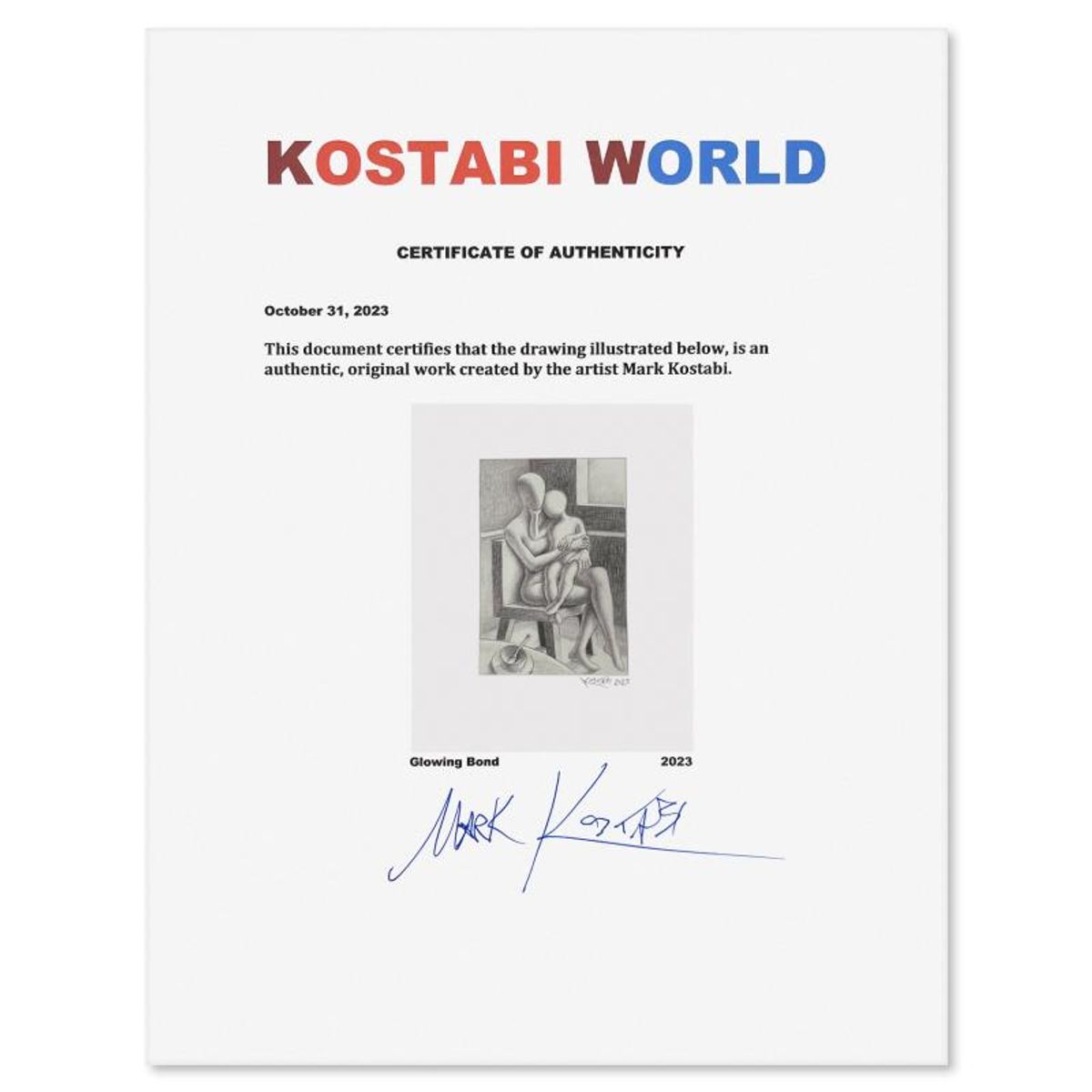 Mark Kostabi, "Glowing Bond" Framed Original Drawing on Paper, Hand Signed with Certificate of Authenticity.