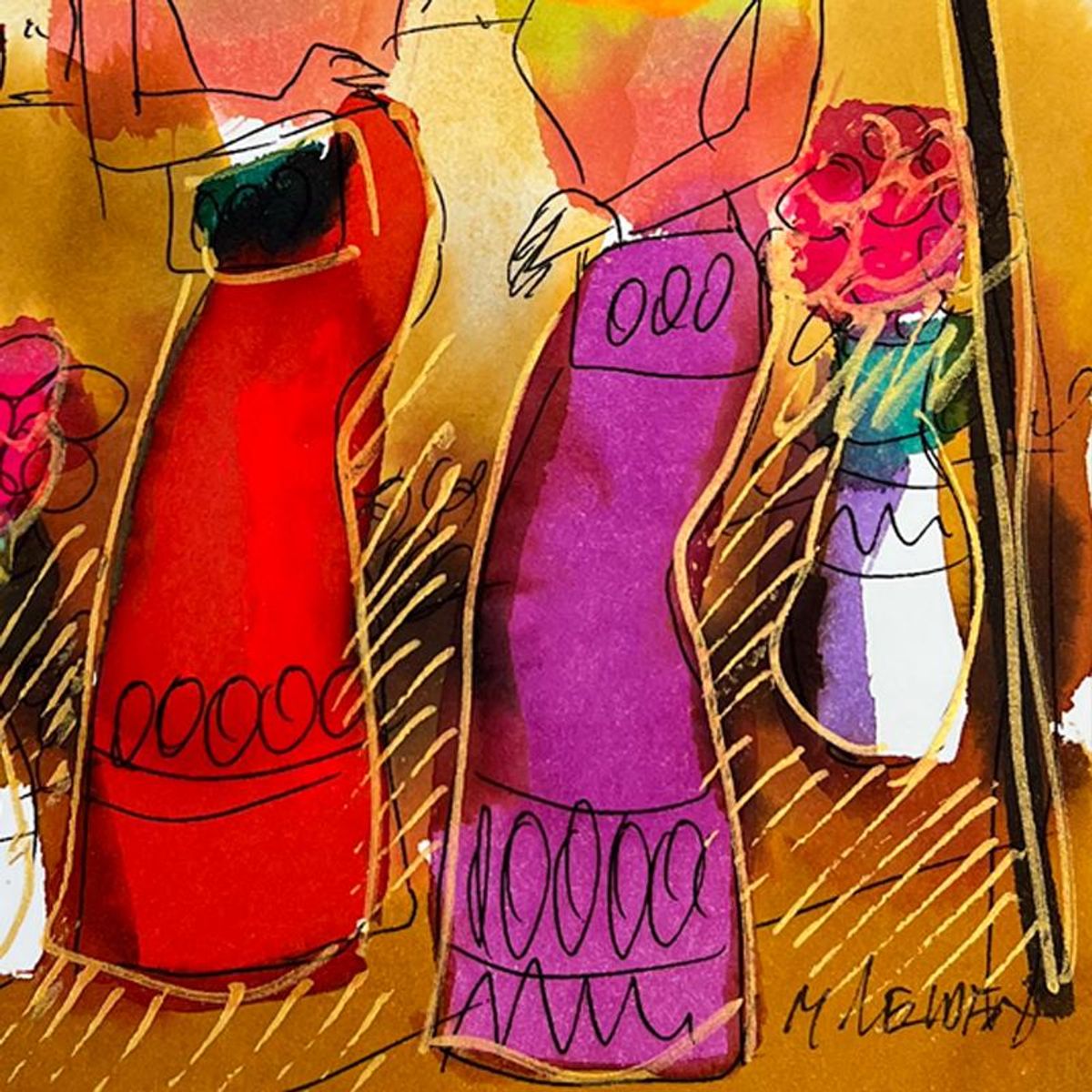 Moshe Leider, Framed Original Mixed Media Watercolor Painting, Hand Signed with Letter of Authenticity.