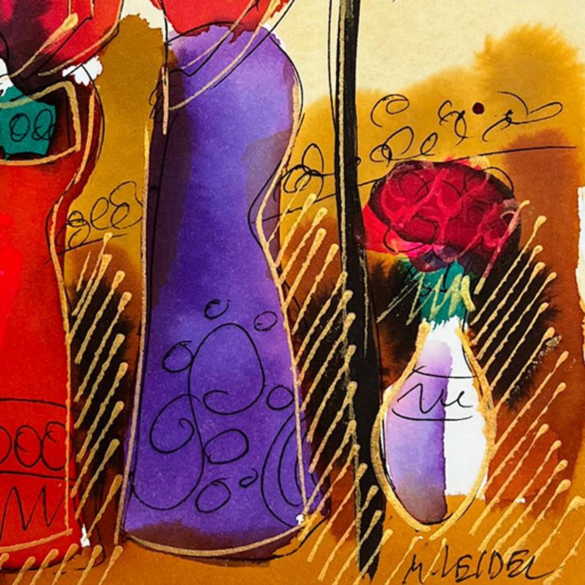 Moshe Leider, Framed Original Mixed Media Watercolor Painting, Hand Signed with Letter of Authenticity.