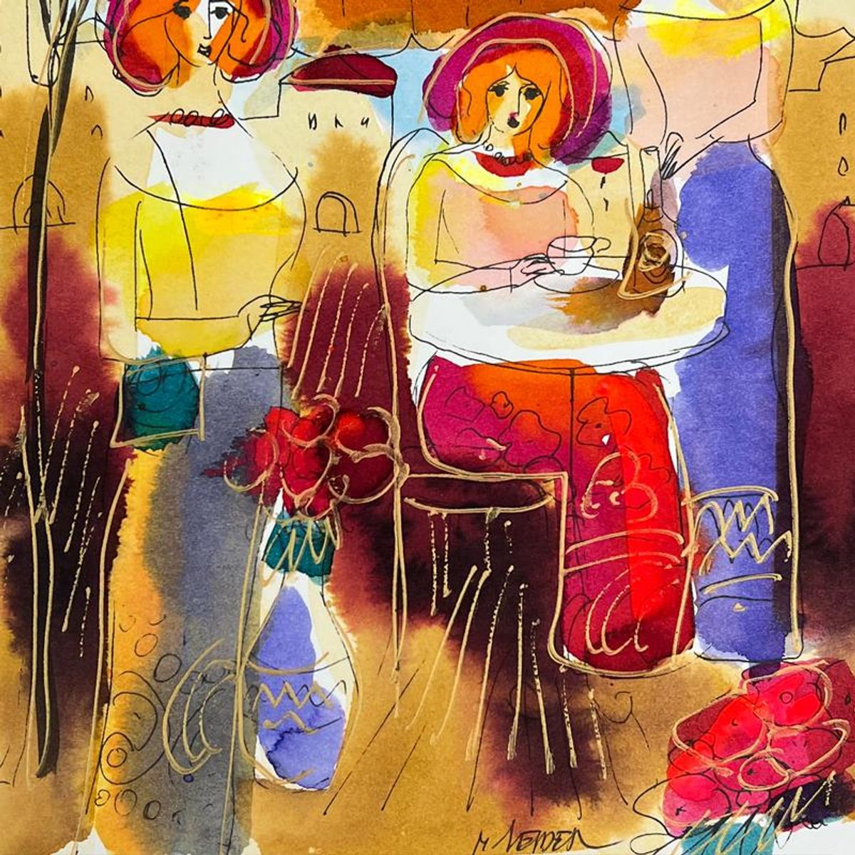 Moshe Leider, Framed Original Mixed Media Watercolor Painting, Hand Signed with Letter of Authenticity.
