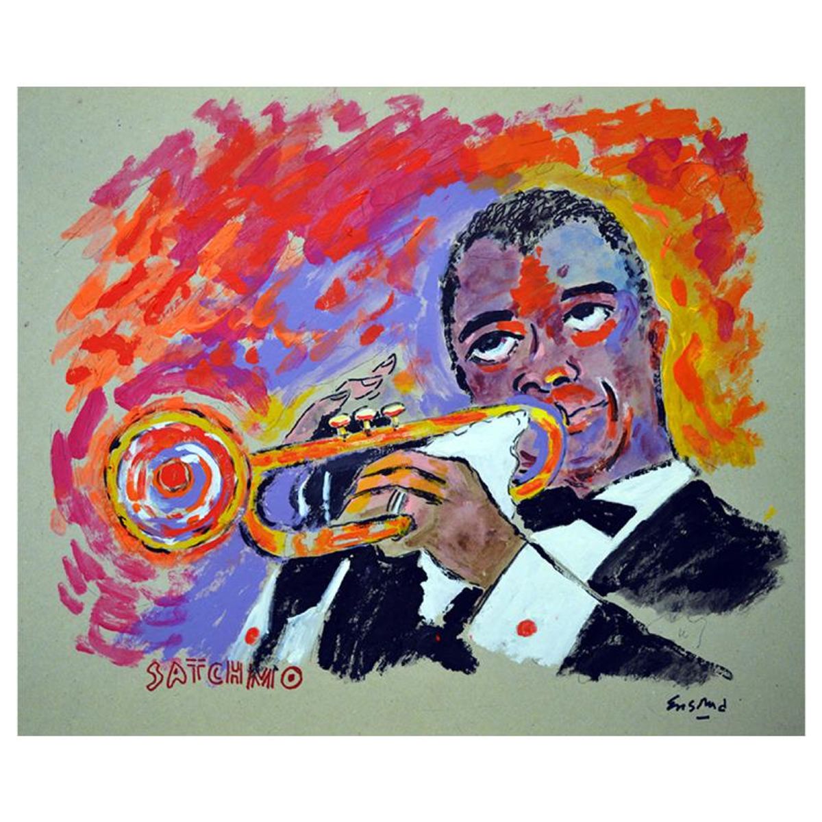 Wayne Ensrud, "Louis Armstrong" Hand Signed Original Painting with Letter of Authenticity.