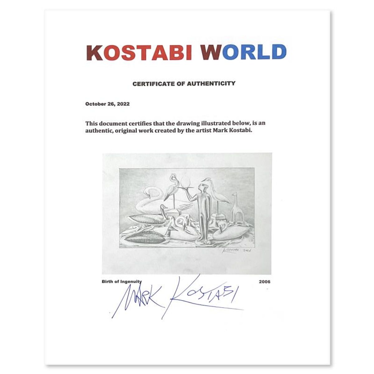 Mark Kostabi, "Birth of Ingenuity" Framed Original Drawing on Paper, Hand Signed with Certificate of Authenticity