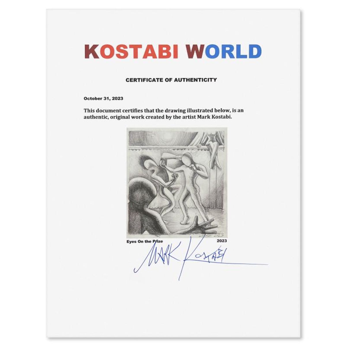 Mark Kostabi, "Eyes on the Prize" Framed Original Drawing on Paper, Hand Signed with Certificate of Authenticity.