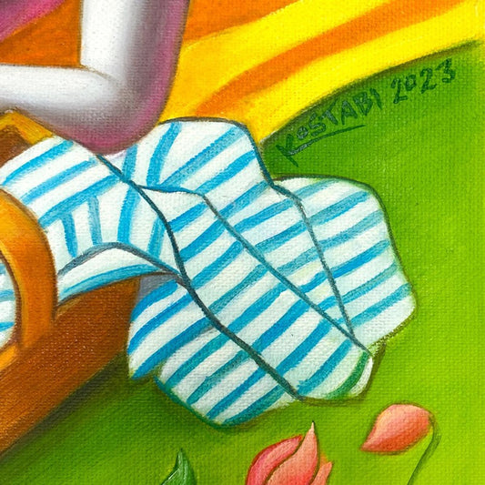 Mark Kostabi, "Blossoming Connection" Framed Original Oil Painting on Canvas, Hand Signed with COA