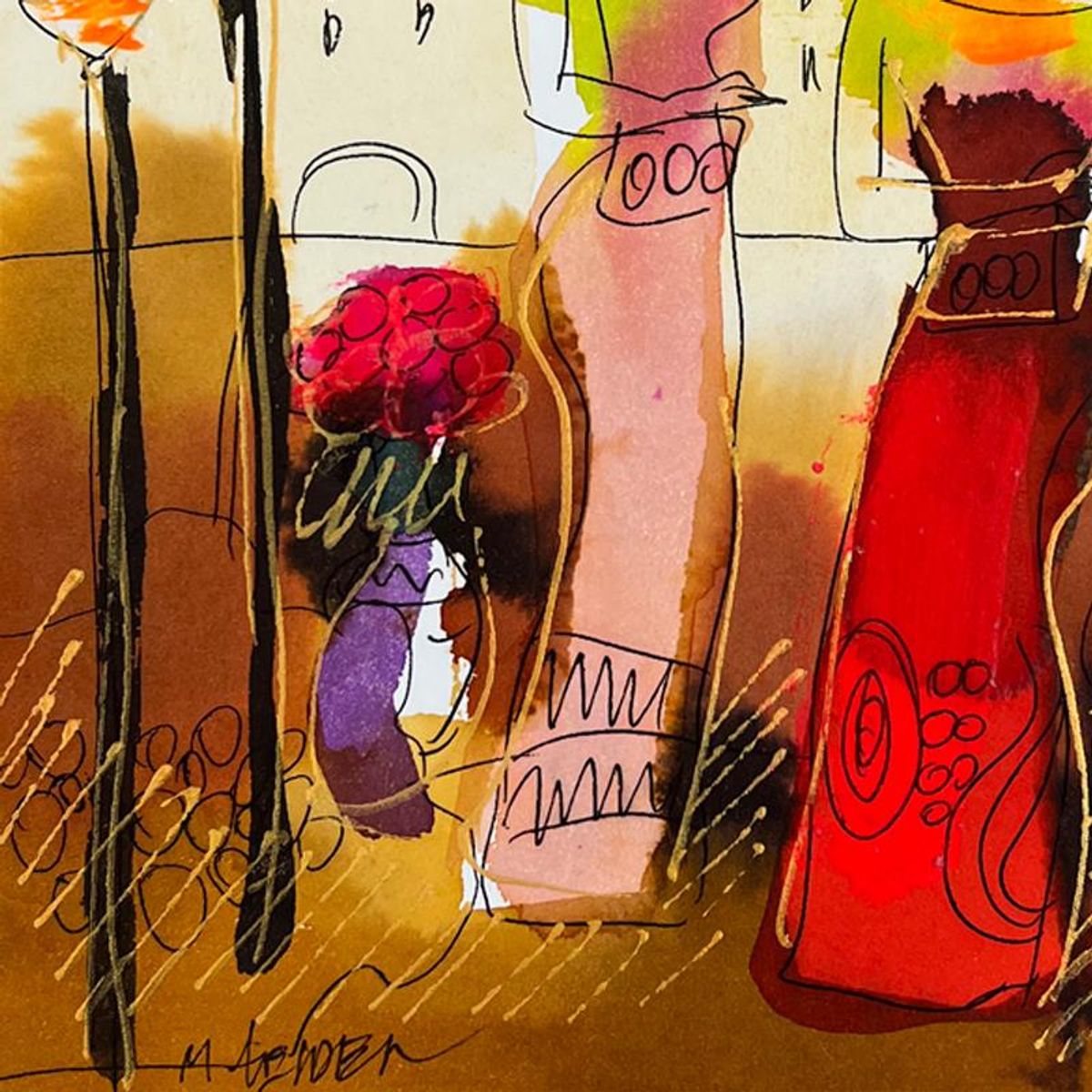 Moshe Leider, Framed Original Mixed Media Watercolor Painting, Hand Signed with Letter of Authenticity.