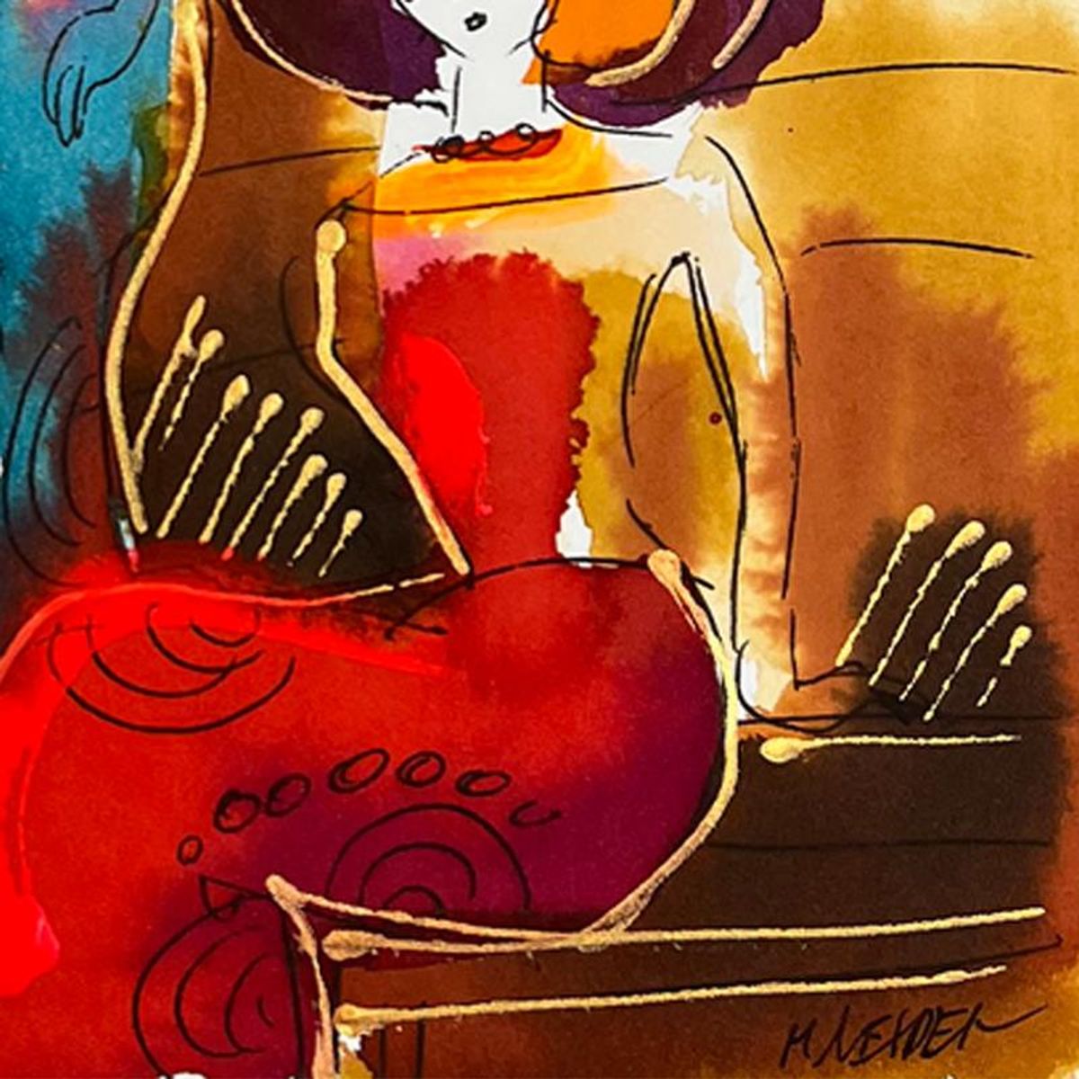 Moshe Leider, Framed Original Mixed Media Watercolor Painting, Hand Signed with Letter of Authenticity.