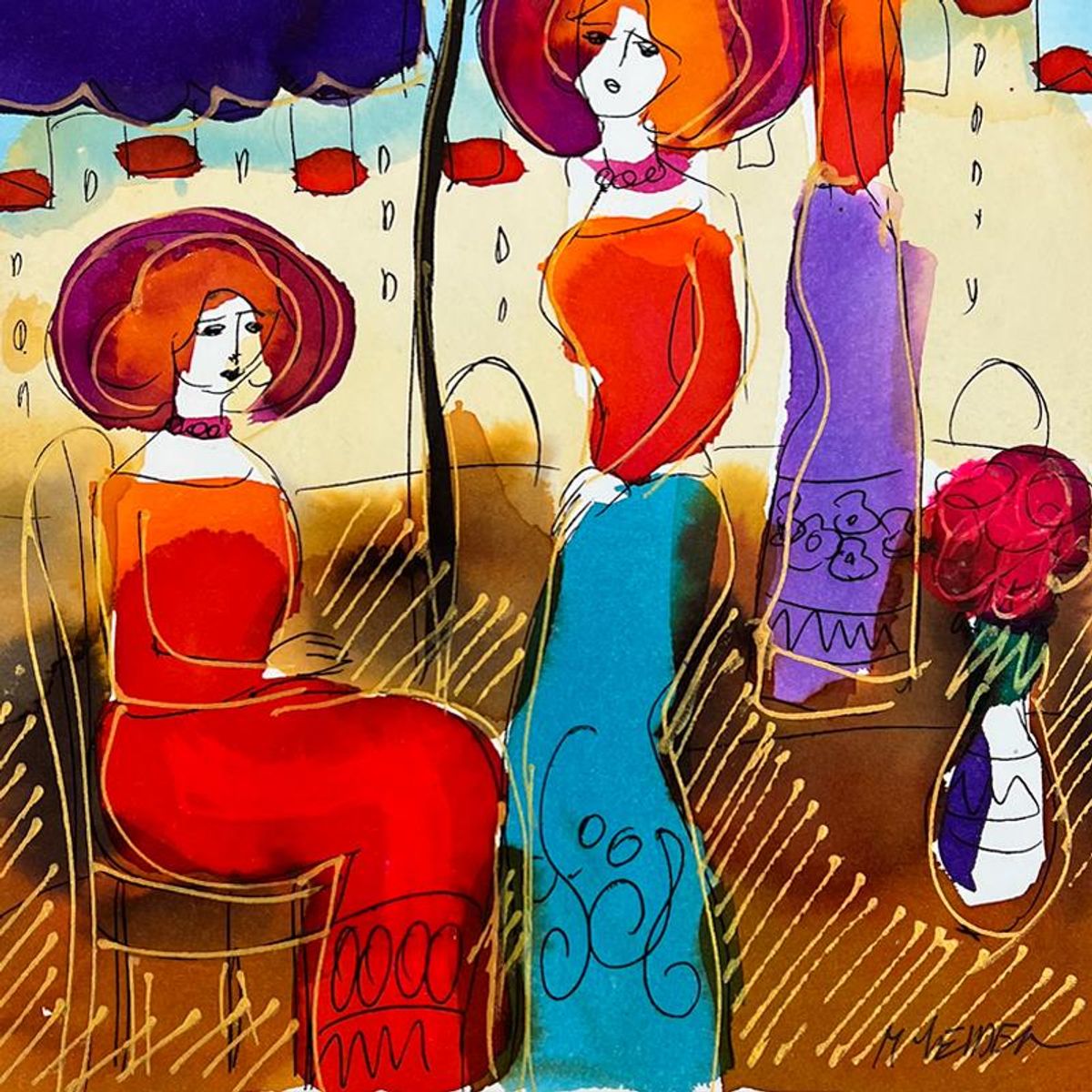 Moshe Leider, Framed Original Mixed Media Watercolor Painting, Hand Signed with Letter of Authenticity.