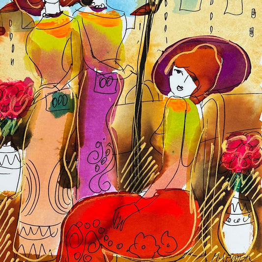 Moshe Leider, Framed Original Mixed Media Watercolor Painting, Hand Signed with Letter of Authenticity.