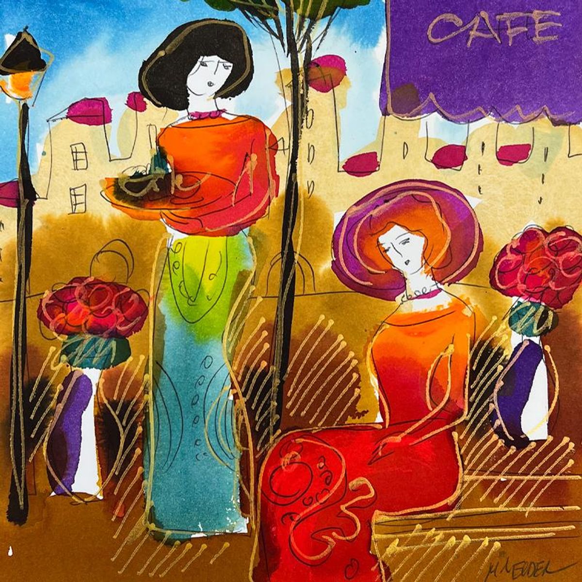 Moshe Leider, Framed Original Mixed Media Watercolor Painting, Hand Signed with Letter of Authenticity.