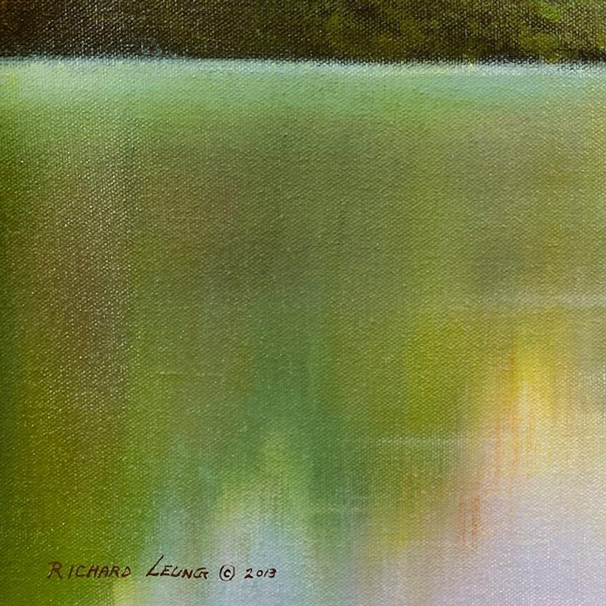 Richard Leung, "Misty Lake" Original Oil Painting on Canvas, Hand Signed with a Letter of Authenticity.