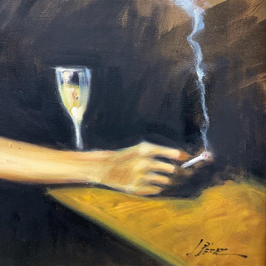 Fabian Perez, "In the Bar" Framed Original Oil Painting on Canvas, Hand Signed with Letter of Authenticity.