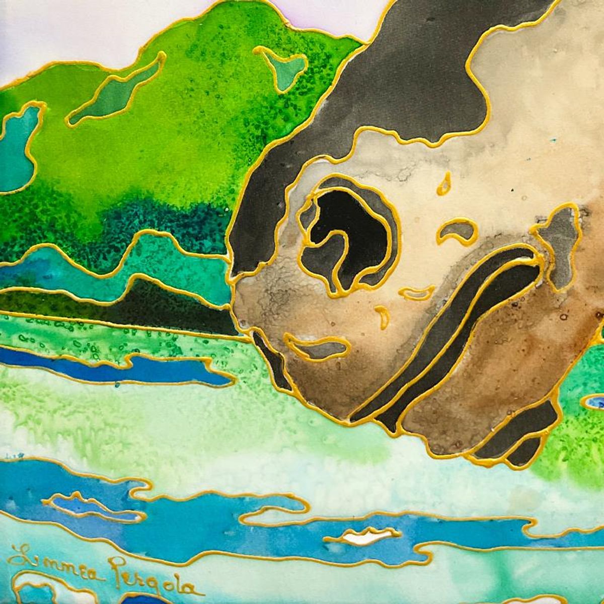 Linnea Pergola, "Wavy Mane II" Original Painting on Silk, Hand Signed with Letter of Authenticity.