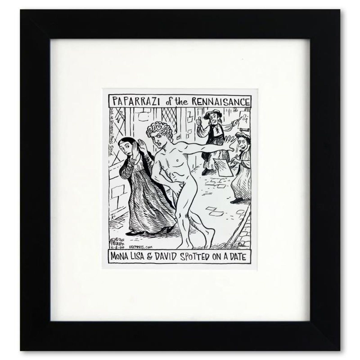 Bizarro, "Mona Lisa and David Paparrazi" is a Framed Original Pen & Ink Drawing by Dan Piraro, Hand Signed with Letter of Authenticity.