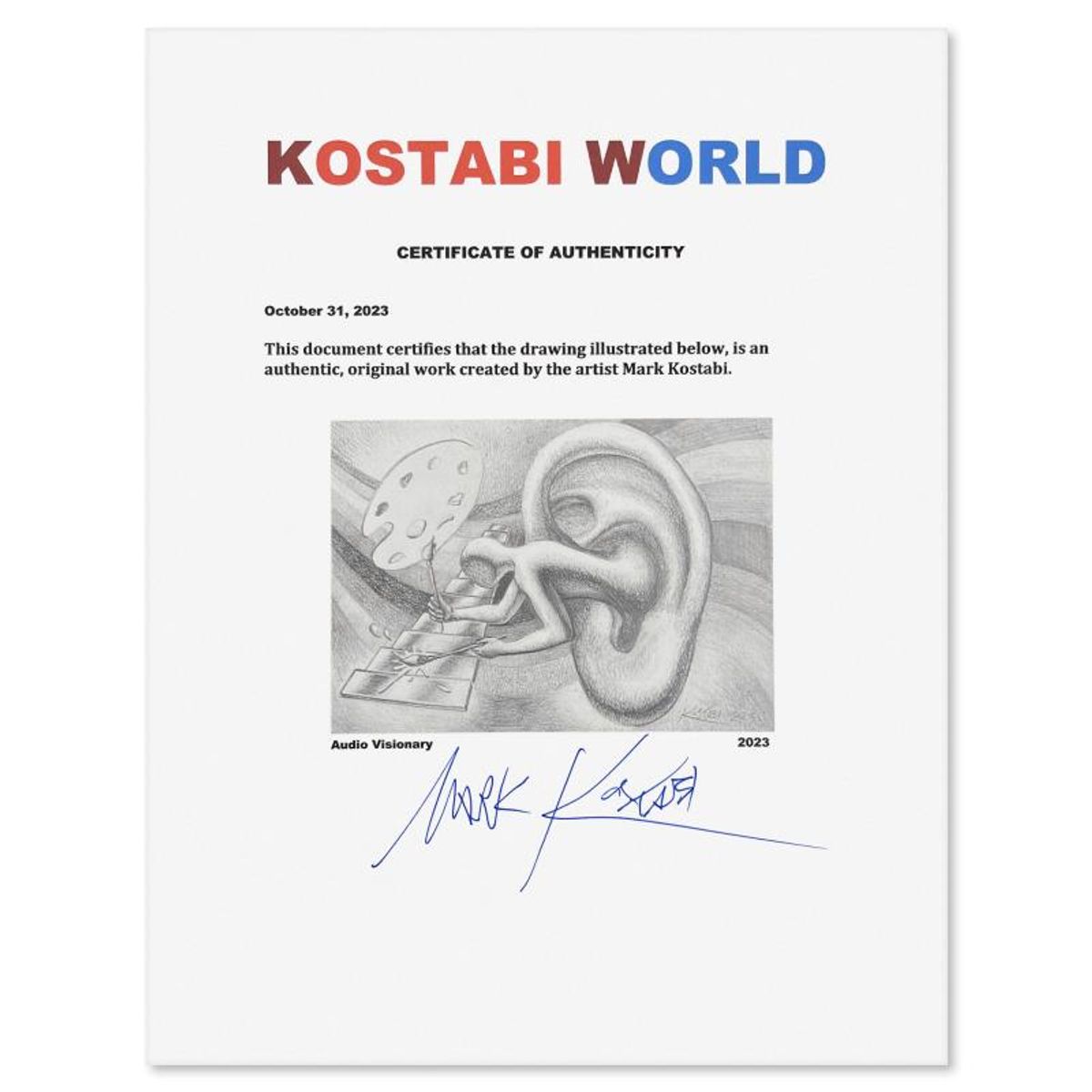 Mark Kostabi, "Audio Visionary" Framed Original Drawing on Paper, Hand Signed with Certificate of Authenticity.