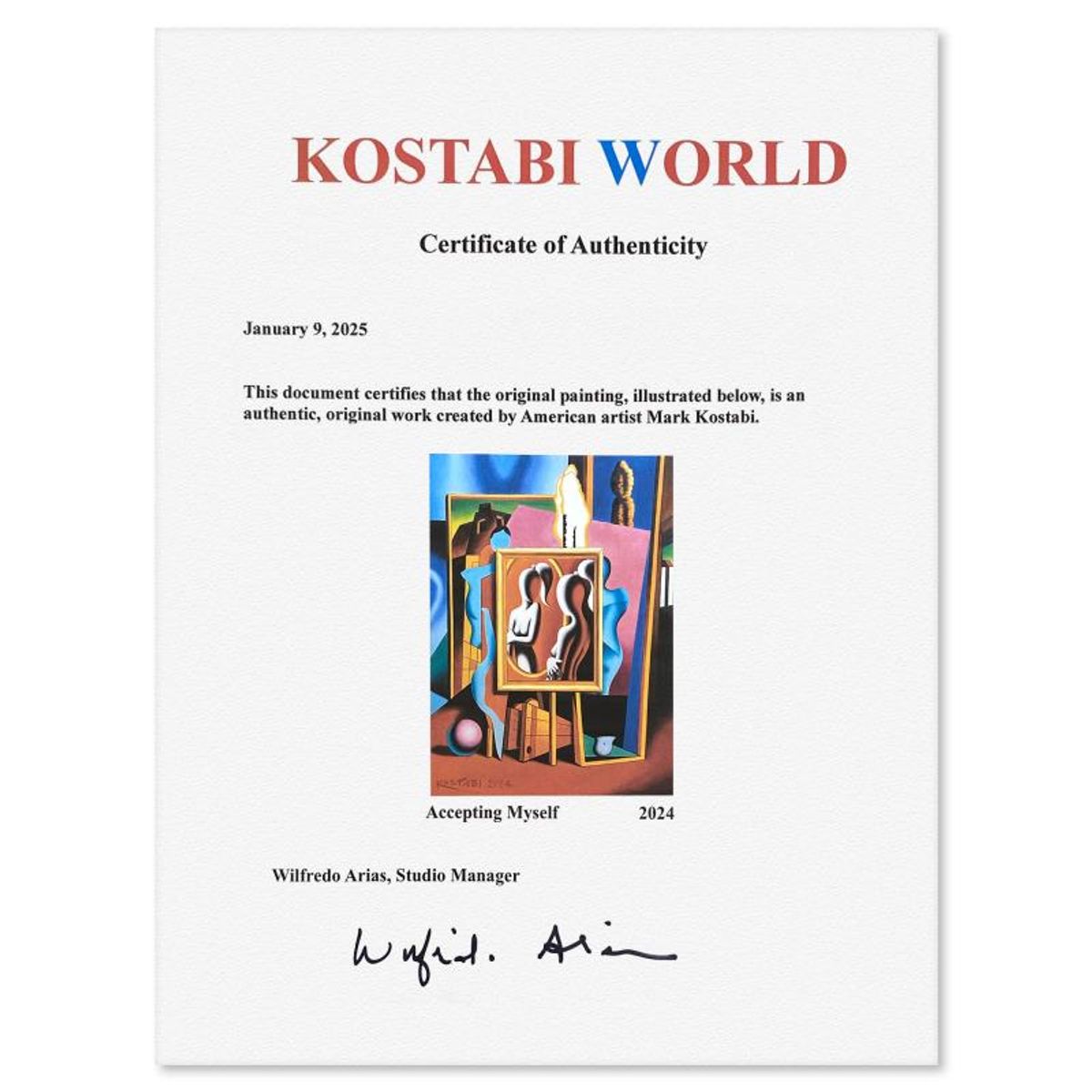 Mark Kostabi, "Accepting Myself" Framed Original Oil Painting on Canvas, Hand Signed with a Certificate of Authenticity.