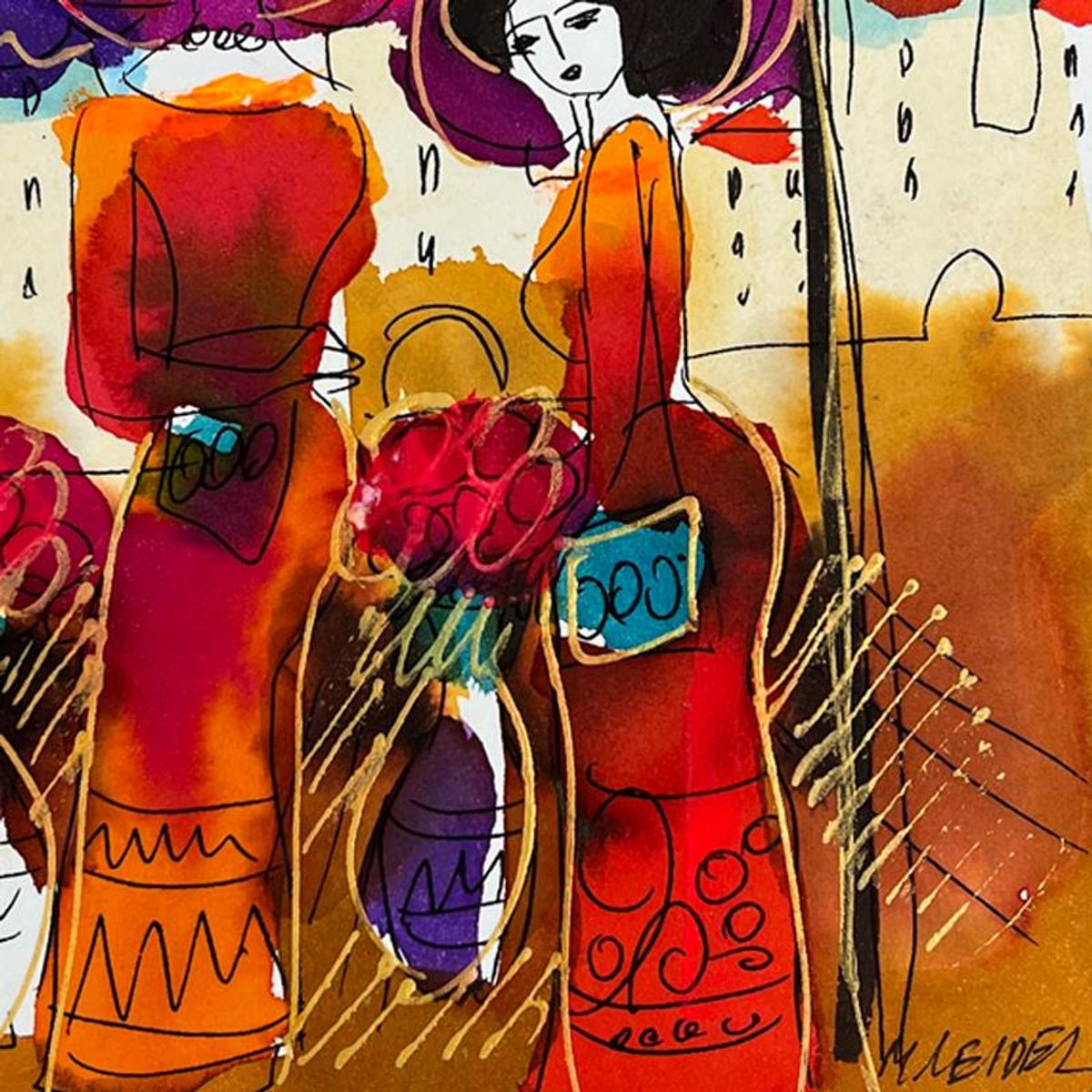 Moshe Leider, Framed Original Mixed Media Watercolor Painting, Hand Signed with Letter of Authenticity.