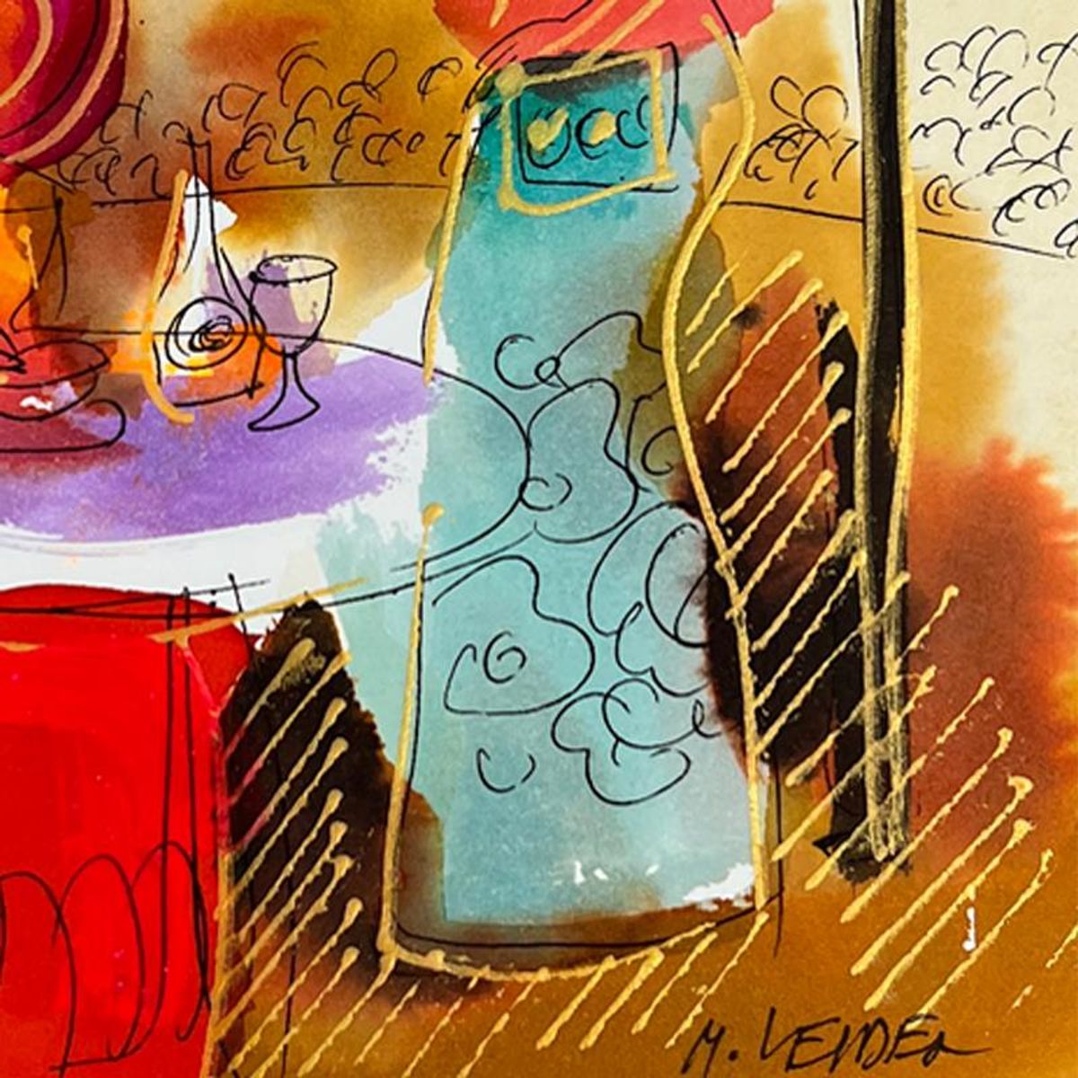 Moshe Leider, Framed Original Mixed Media Watercolor Painting, Hand Signed with Letter of Authenticity.