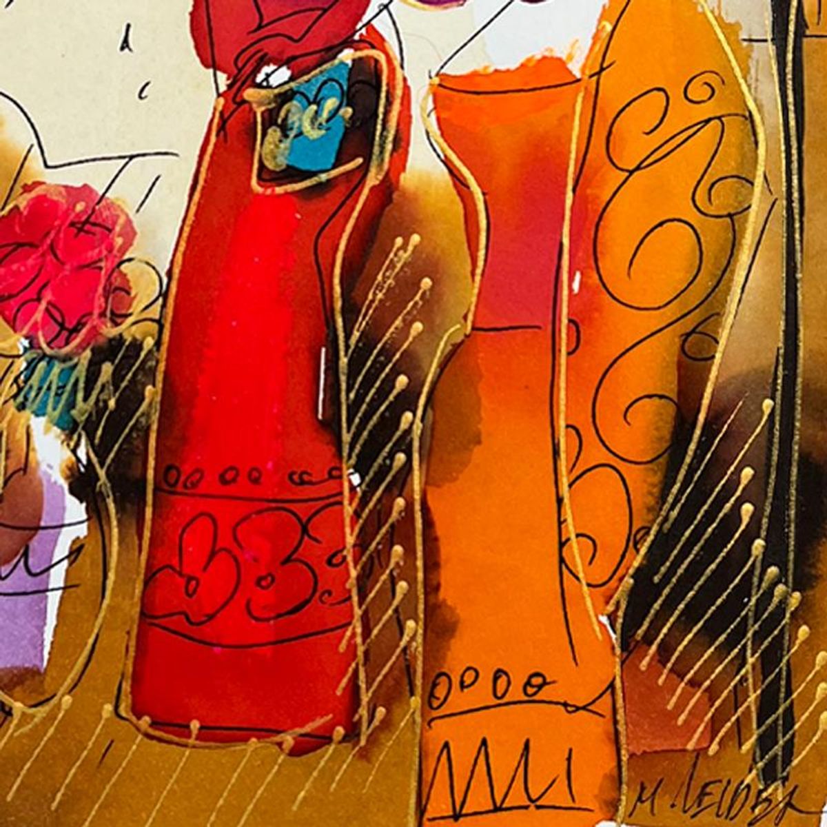 Moshe Leider, Framed Original Mixed Media Watercolor Painting, Hand Signed with Letter of Authenticity.