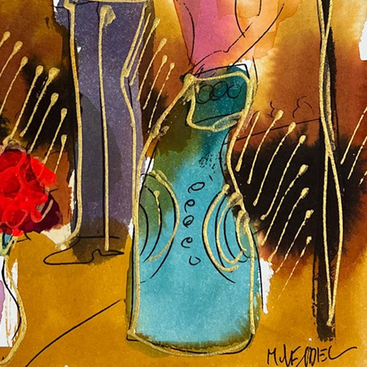 Moshe Leider, Framed Original Mixed Media Watercolor Painting, Hand Signed with Letter of Authenticity.