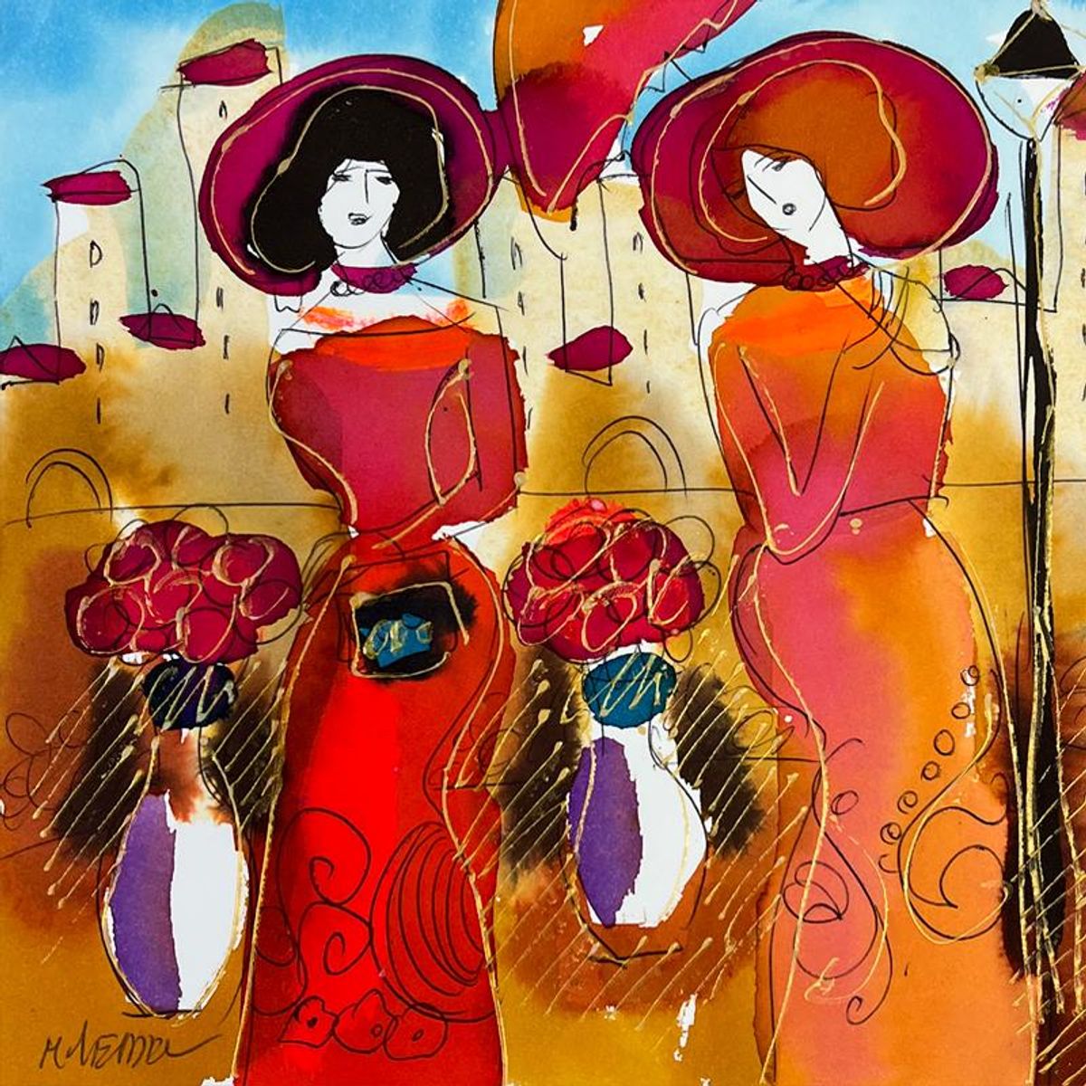 Moshe Leider, Framed Original Mixed Media Watercolor Painting, Hand Signed with Letter of Authenticity.