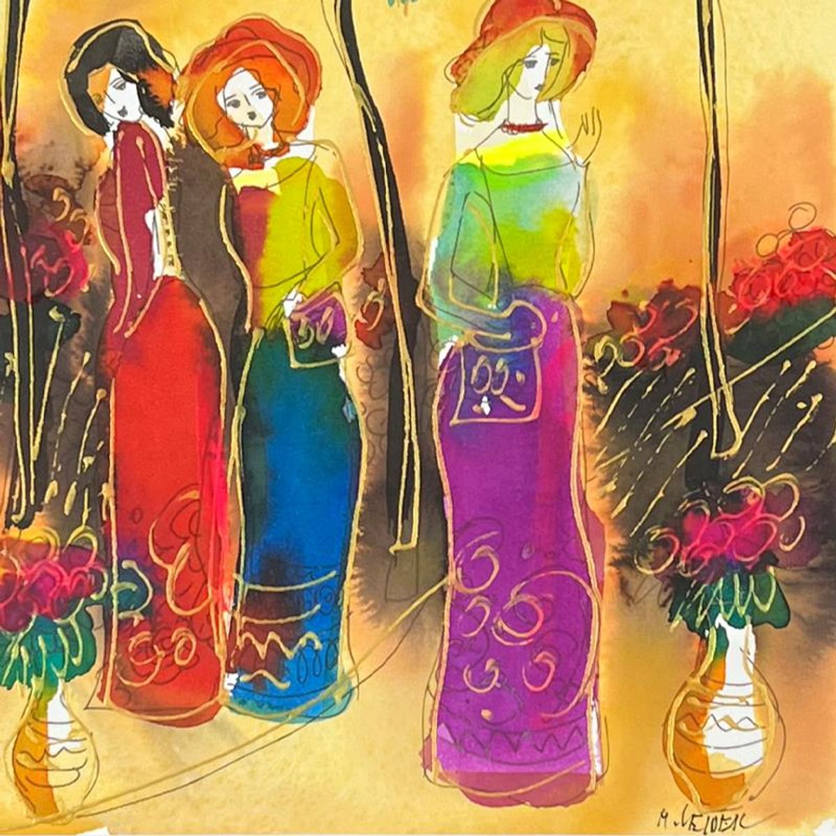 Moshe Leider, Framed Original Mixed Media Watercolor Painting, Hand Signed with Letter of Authenticity.
