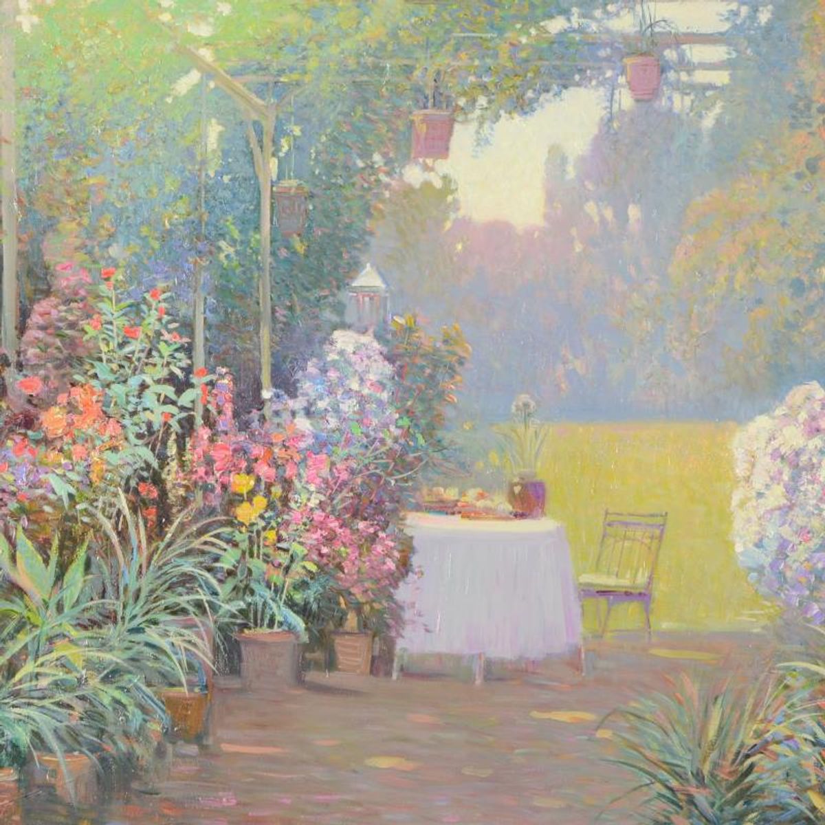 Ming Feng, "Tea Garden" Original Oil Painting on Canvas, Hand Signed with Letter of Authenticity.