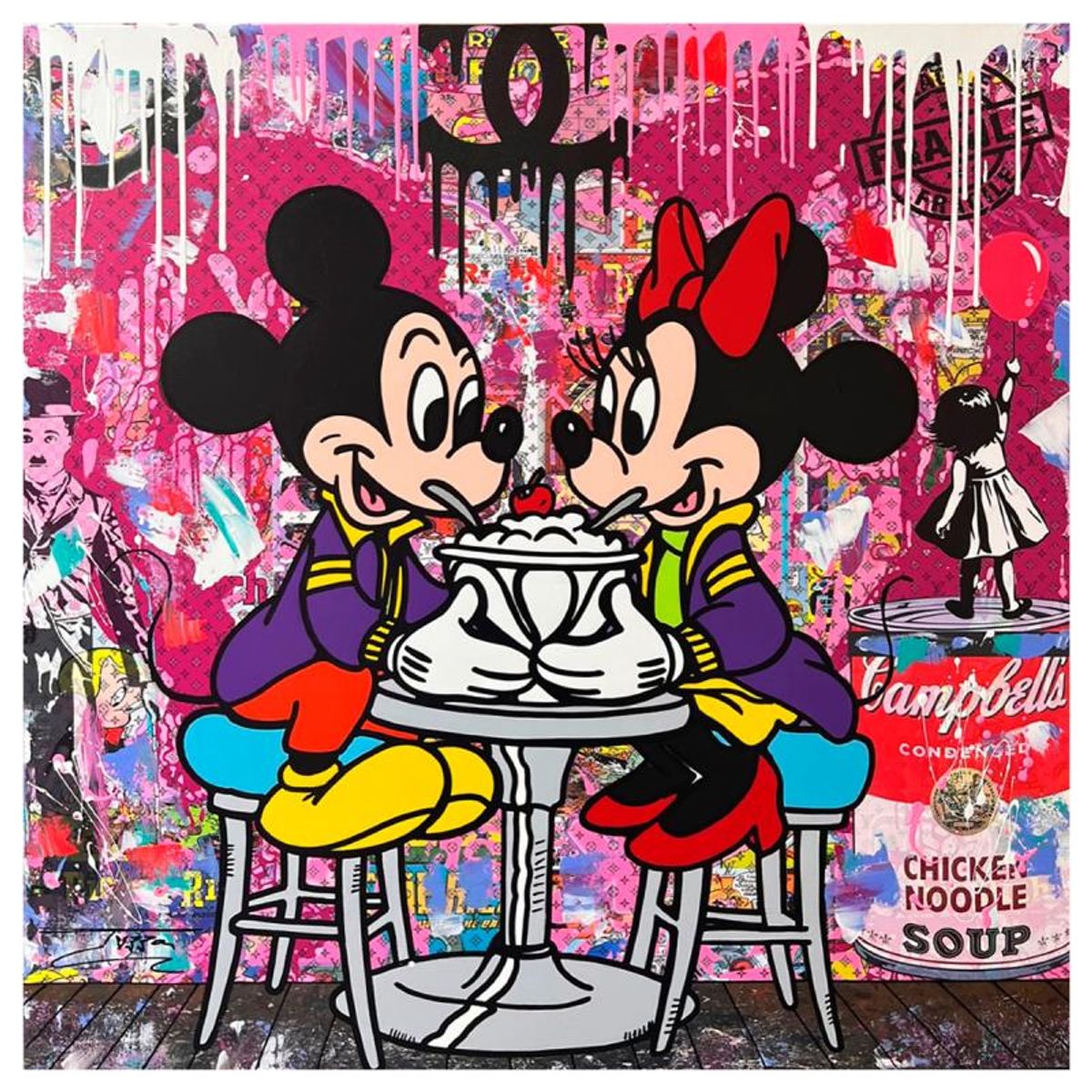 Jozza, "Ice Cream for Two" Unique Mixed Media on Canvas, Hand Signed with Letter of Authenticity.