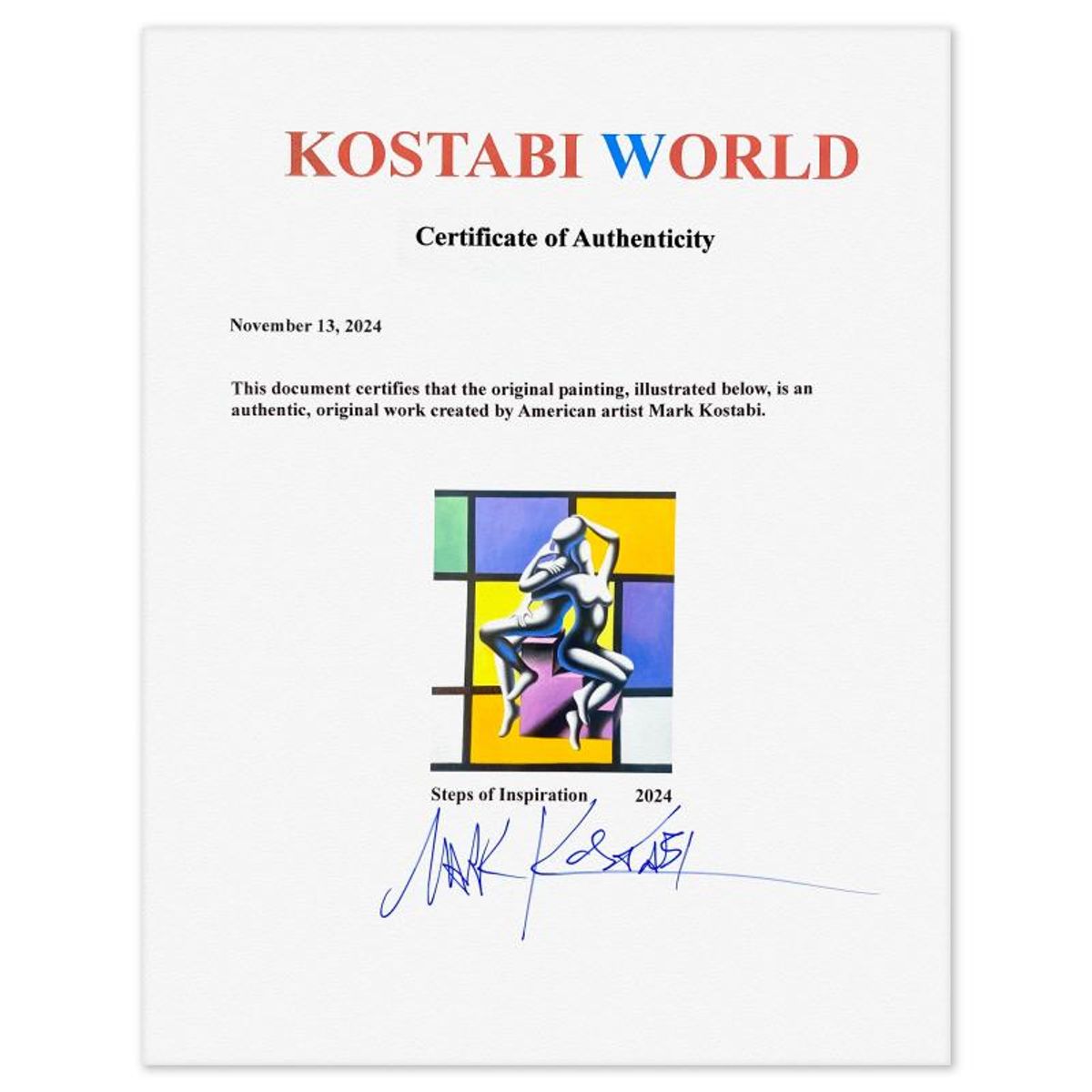 Mark Kostabi, "Steps of Inspiration" Framed Original Oil Painting on Canvas, Hand Signed with Letter of Authenticity.