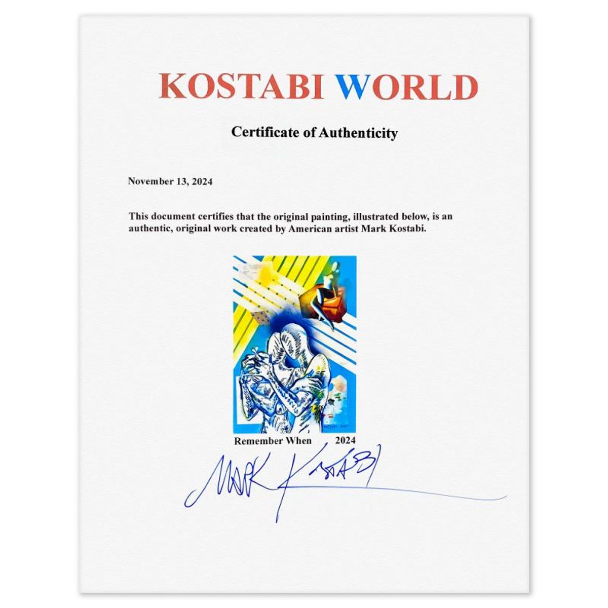 Mark Kostabi, "Remember When" Framed Original Mixed Media Painting, Hand Signed with Certificate of Authenticity.